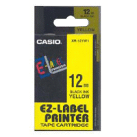 Páska CASIO originální plastová samolepicí šíře 12mm, černá na žlutém, návin 8m