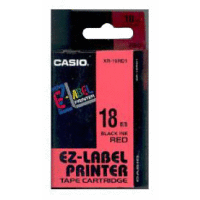 Páska CASIO originální plastová samolepicí šíře 18mm, černá na červeném, návin 8m