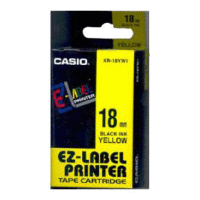 Páska CASIO originální plastová samolepicí šíře 18mm, černá na žlutém, návin 8m