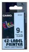 Páska CASIO originální plastová samolepicí šíře 9mm, černá na průhledném, návin 8m